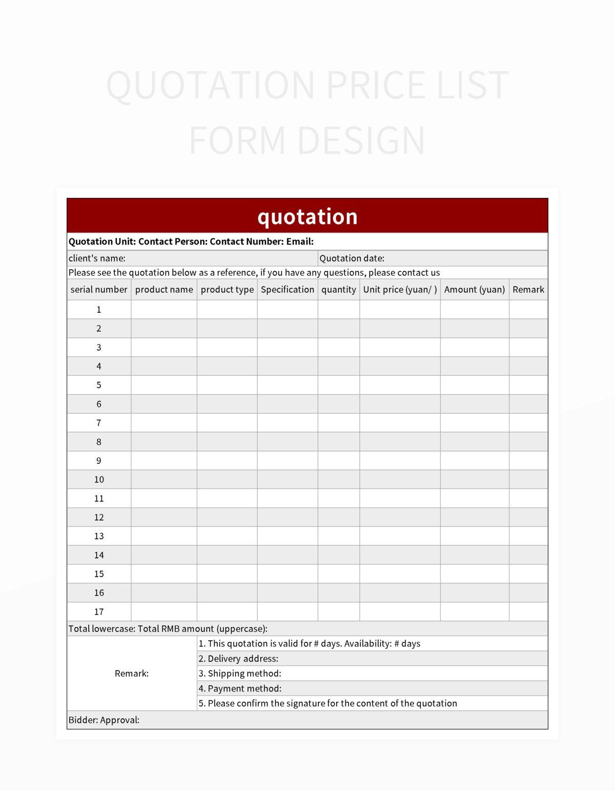 quotation price list form design excel template