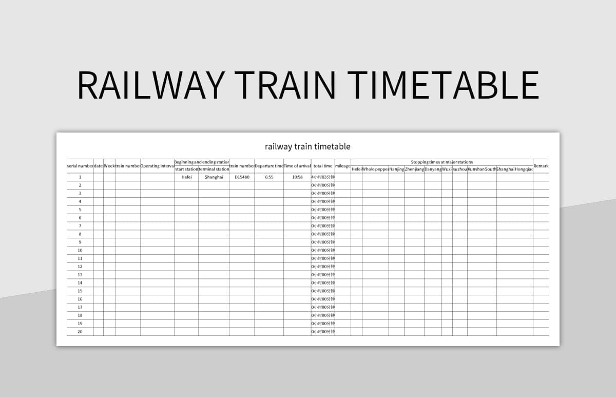 Railway train timetable excel template