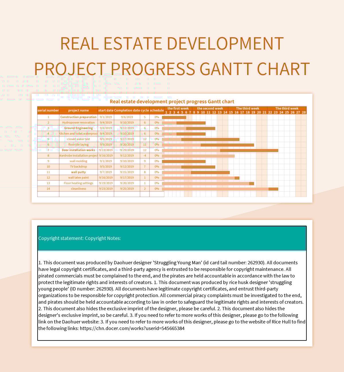 Real estate development project progress Gantt chart excel template