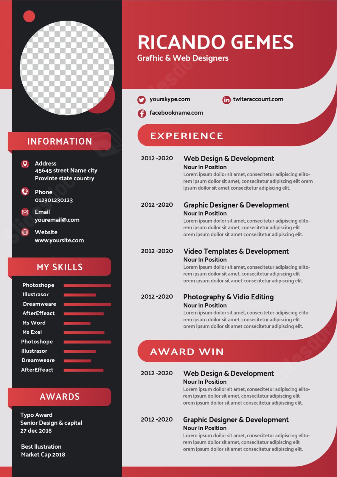 red and black corporate personnel resume word template