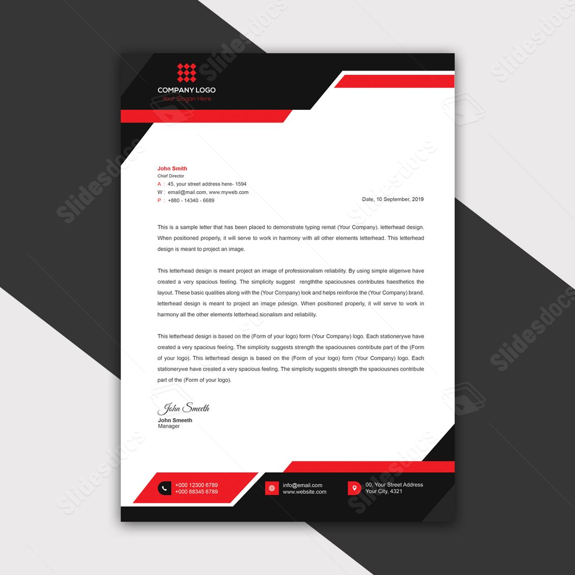 red green black letterhead clean corporate identity modern professional creative word template