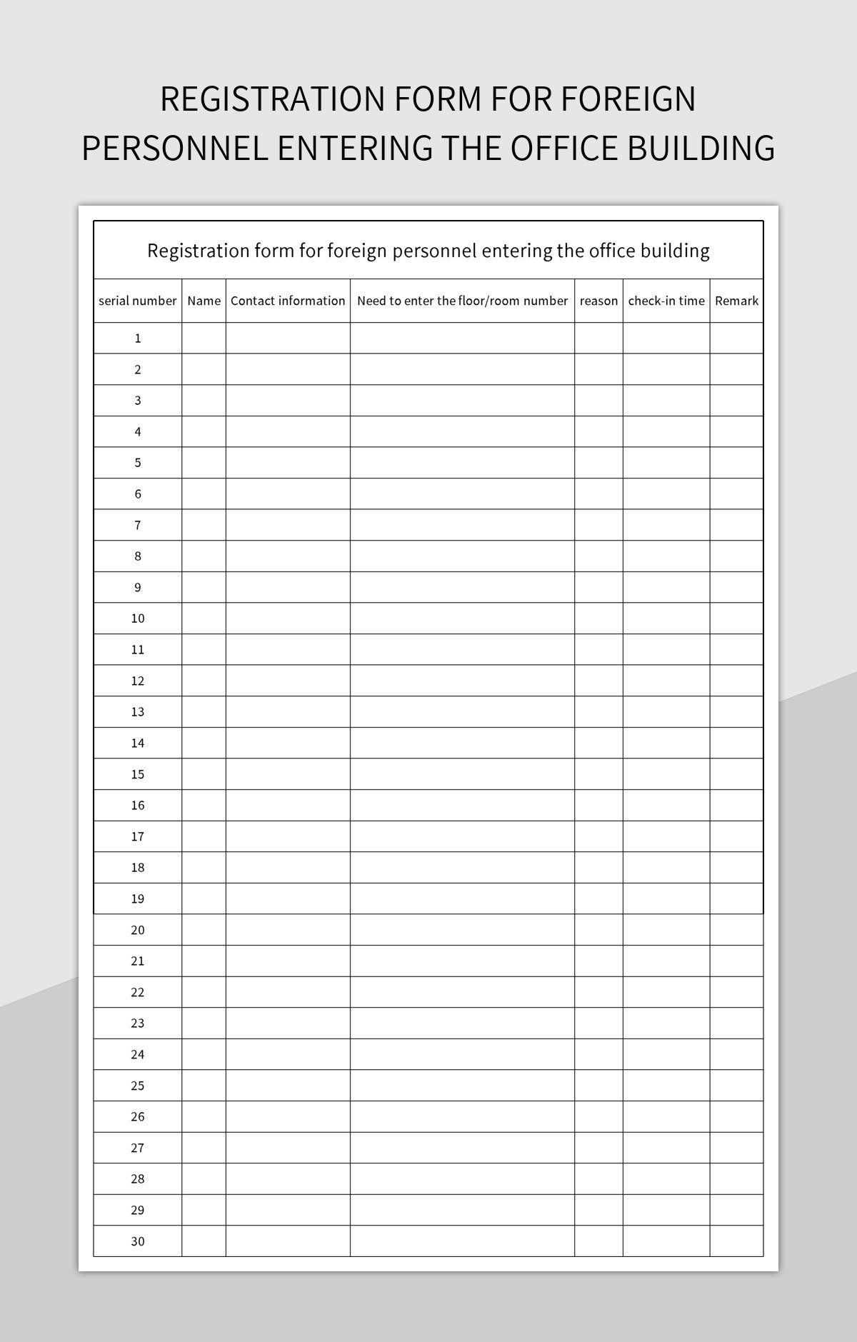 Registration form for foreign personnel entering the office building excel template