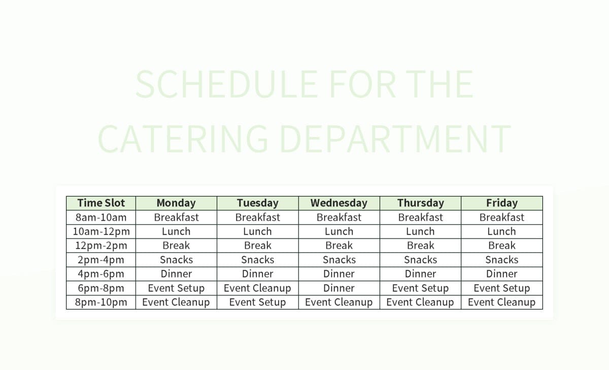 Schedule for the Catering Department excel template