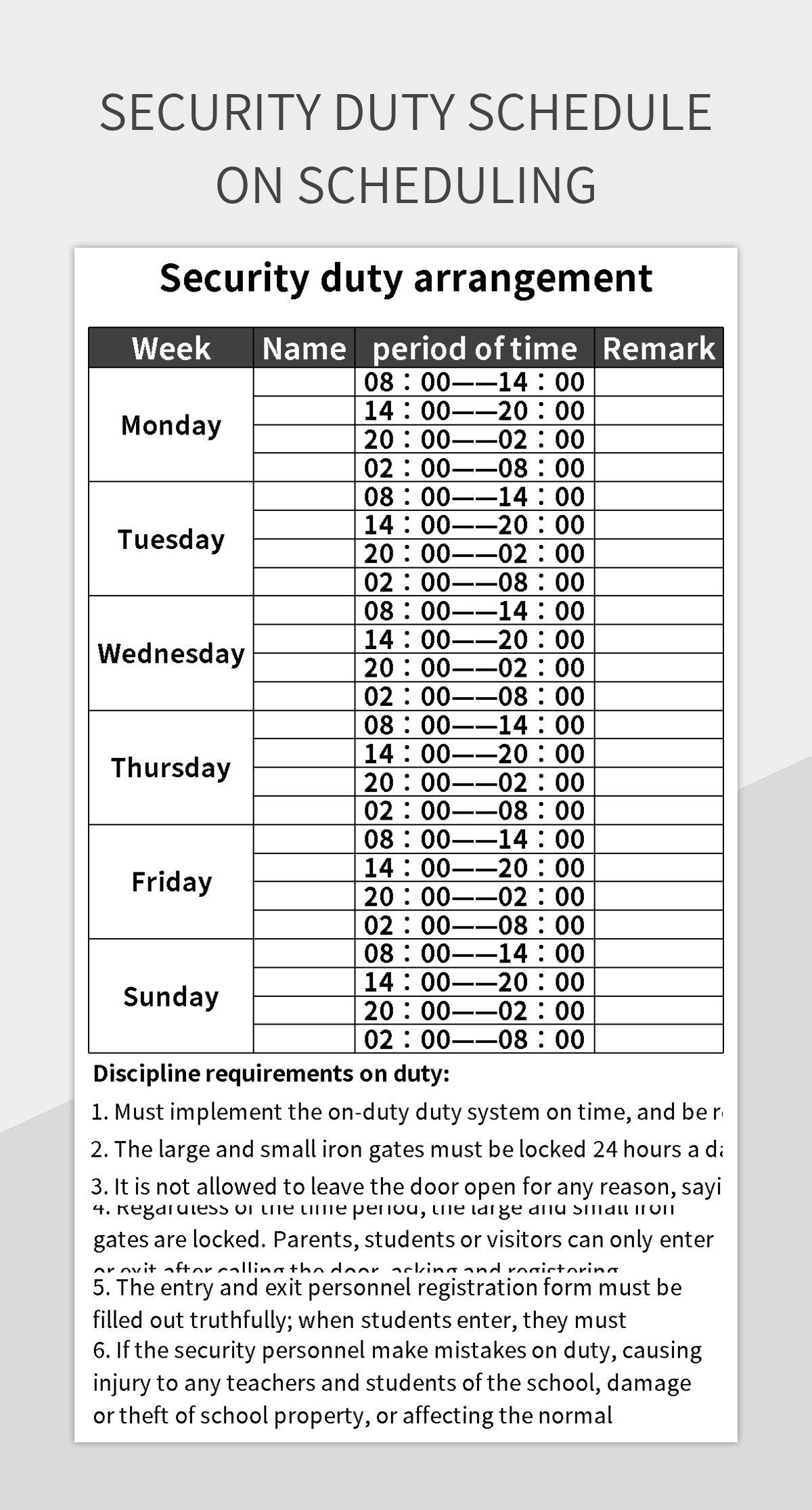 security duty schedule on scheduling excel template