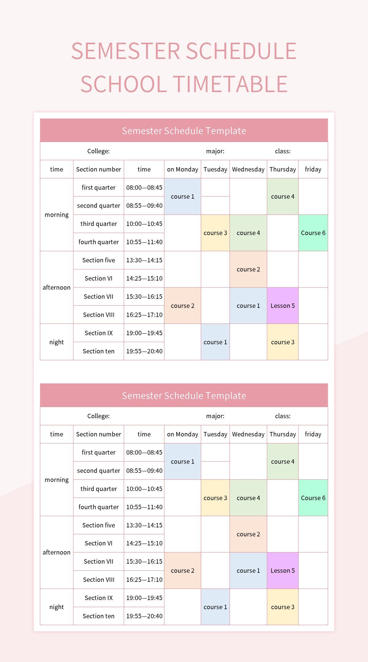 semester schedule school timetable excel template