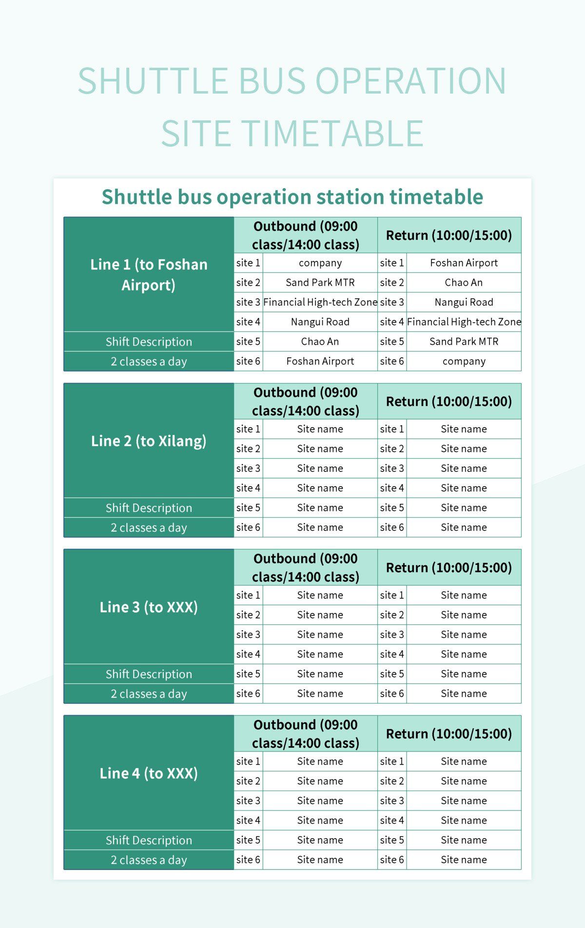 Shuttle bus operation site timetable excel template