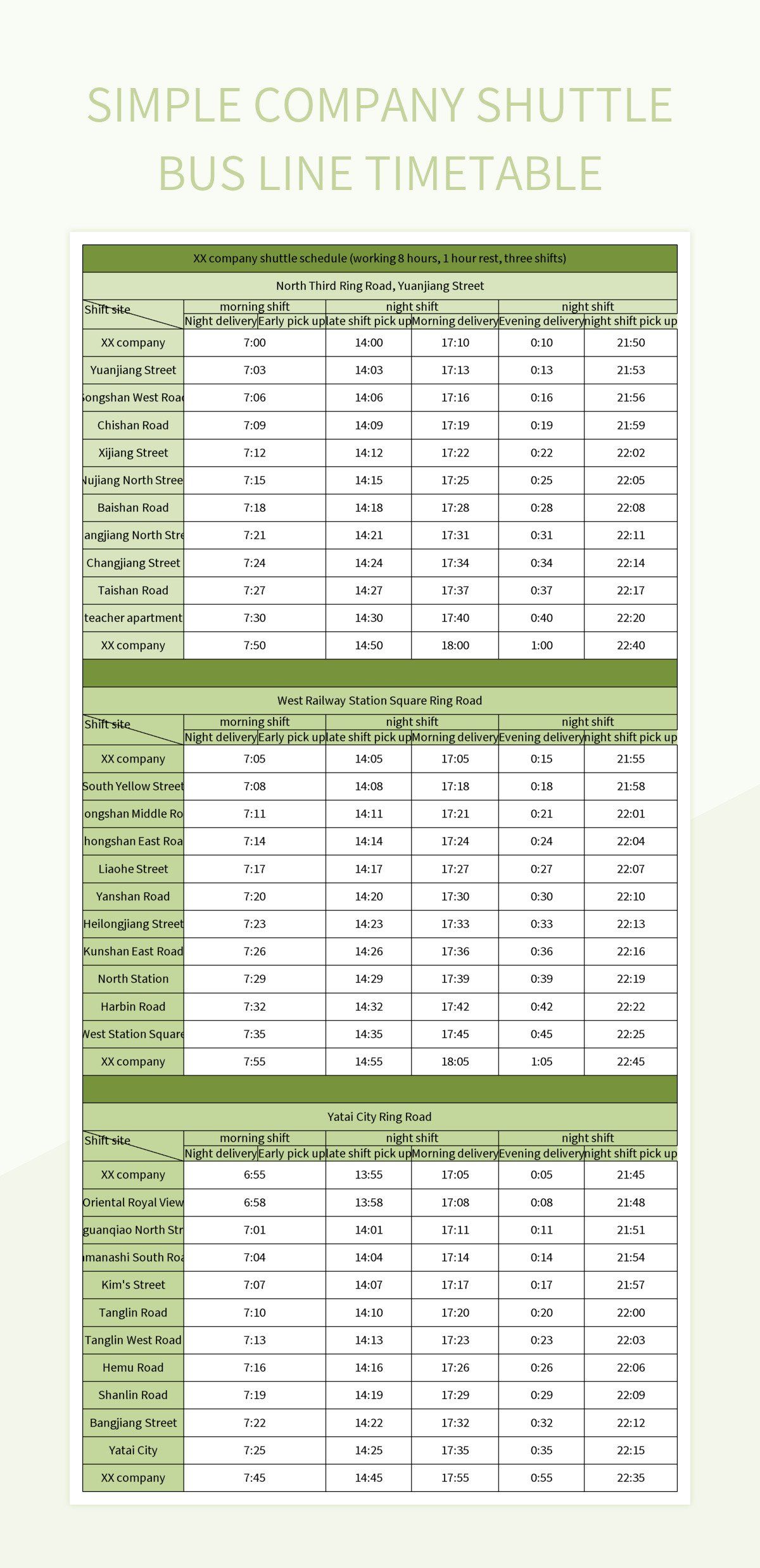 Simple company shuttle bus line timetable excel template