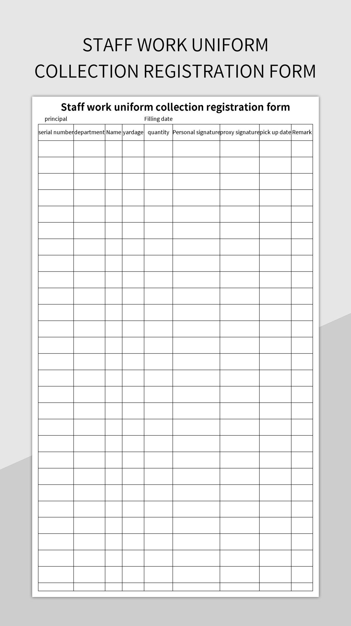 Staff work uniform collection registration form excel template