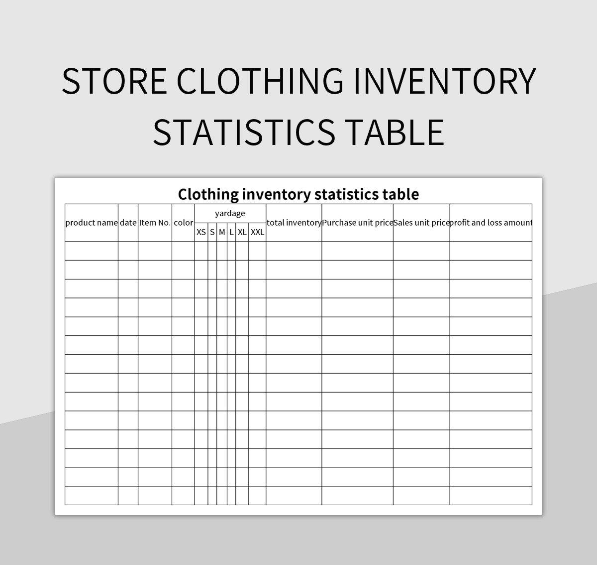 Store clothing inventory statistics table excel template