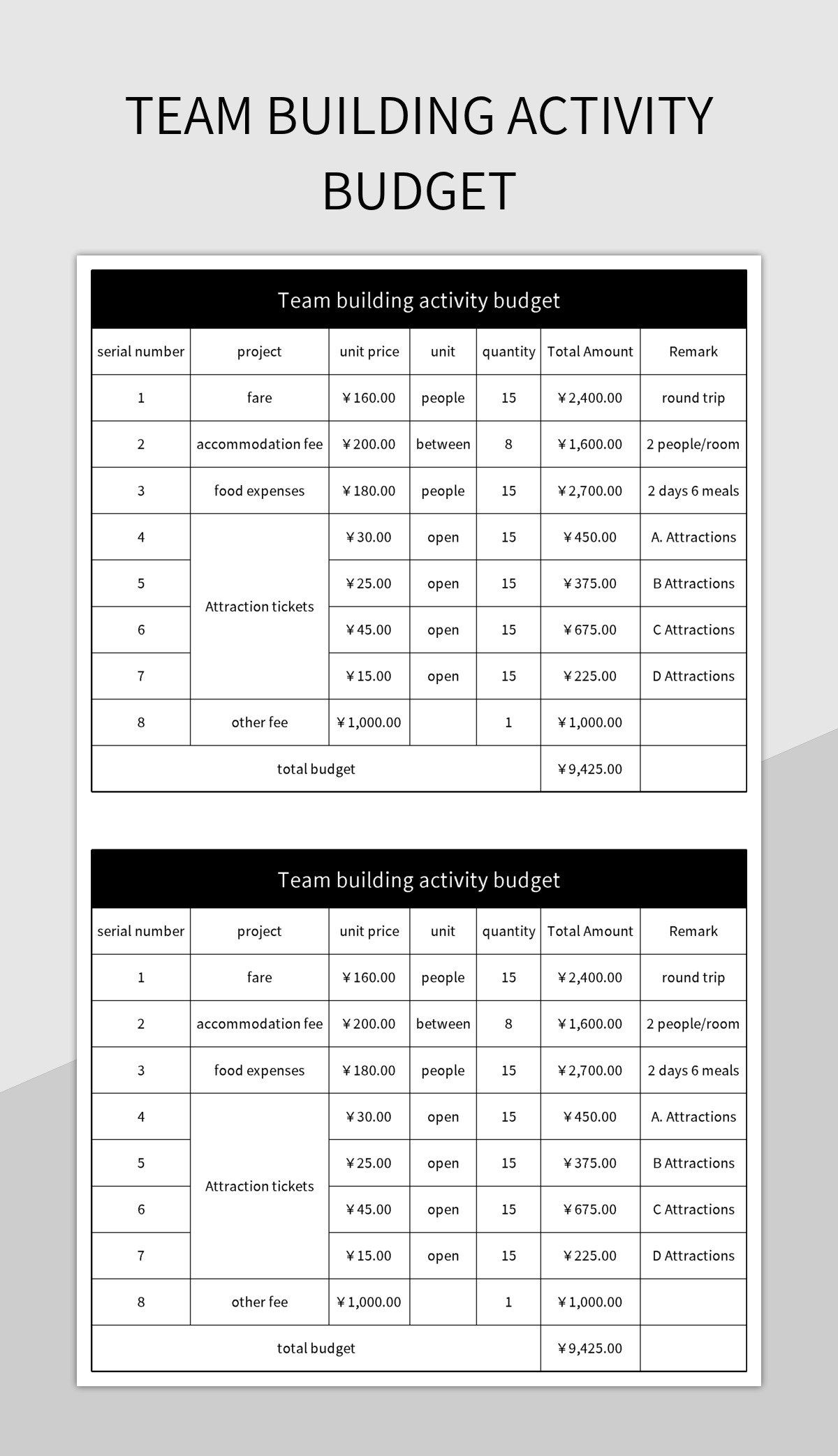 Team building activity budget excel template