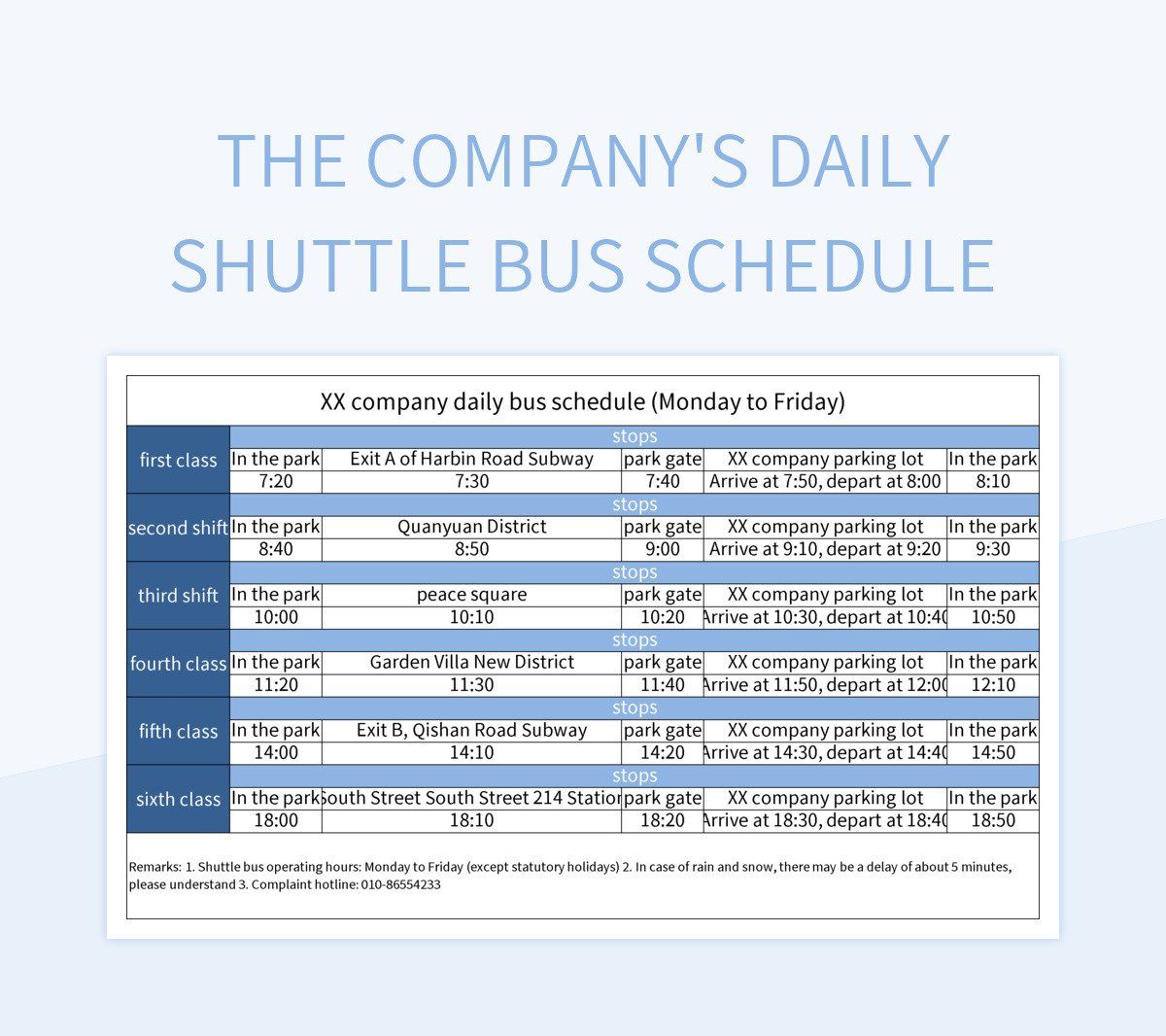 The company's daily shuttle bus schedule excel template