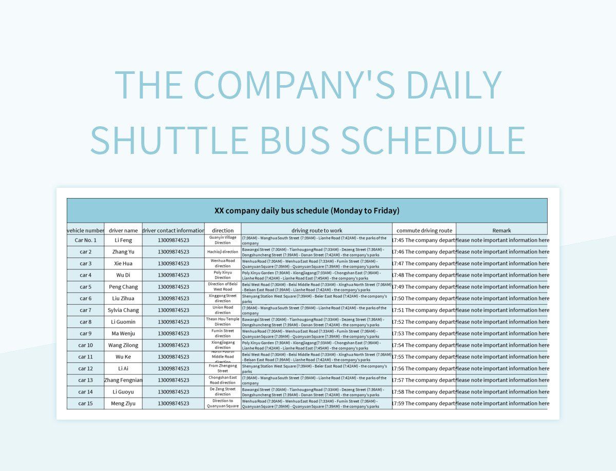 The company's daily shuttle bus schedule excel template
