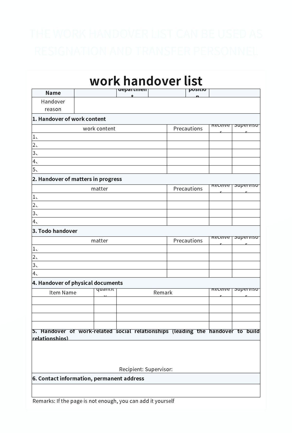 The work handover list can be used as resignation and transfer personnel excel template