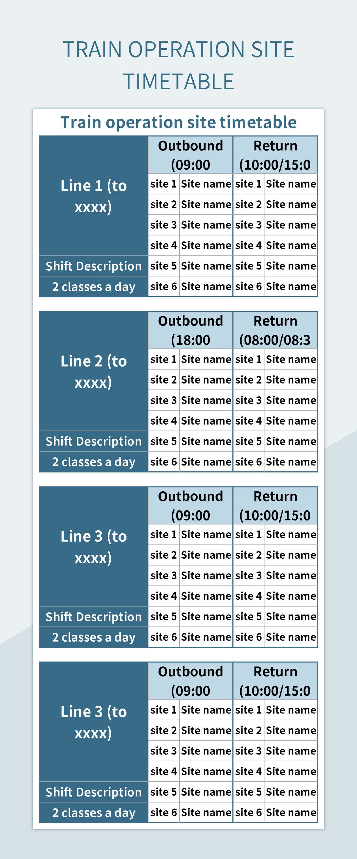 Train operation site timetable excel template
