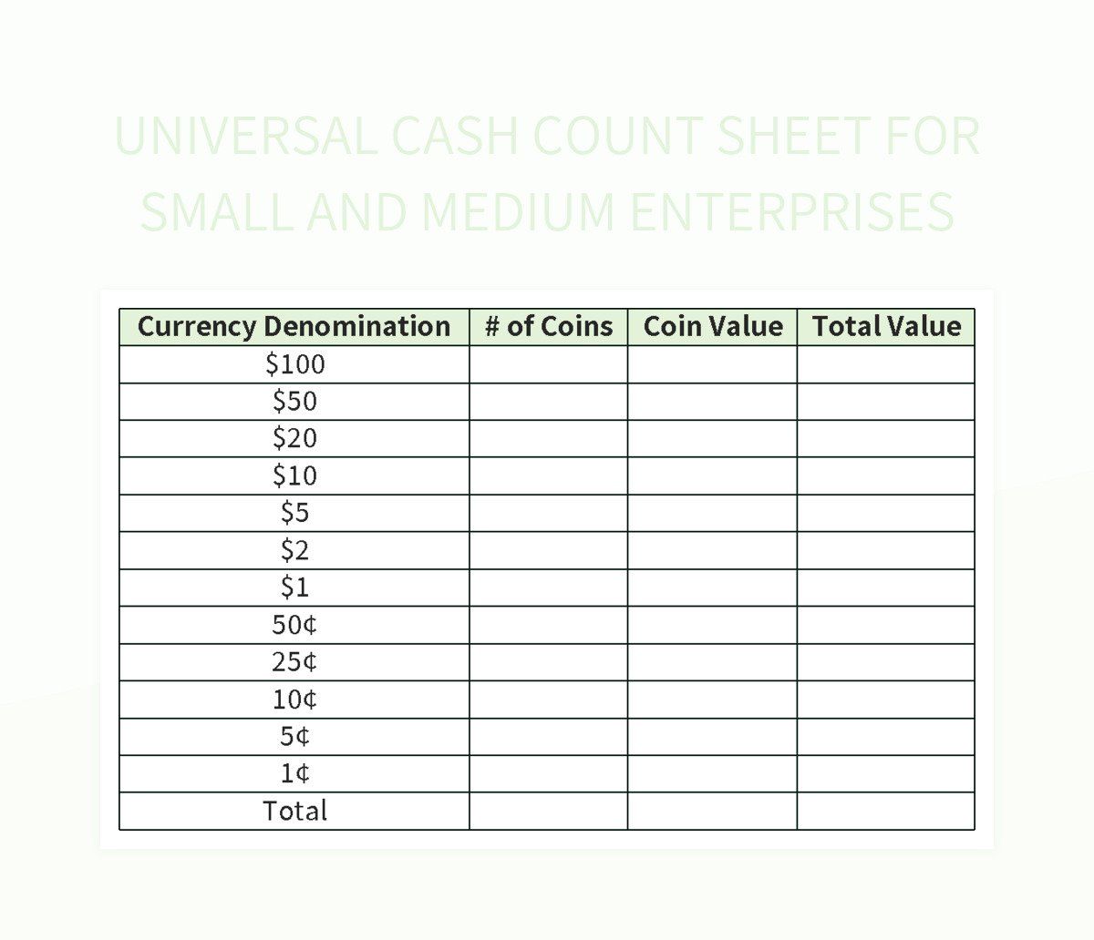 Universal Cash Count Sheet for Small and Medium Enterprises excel template