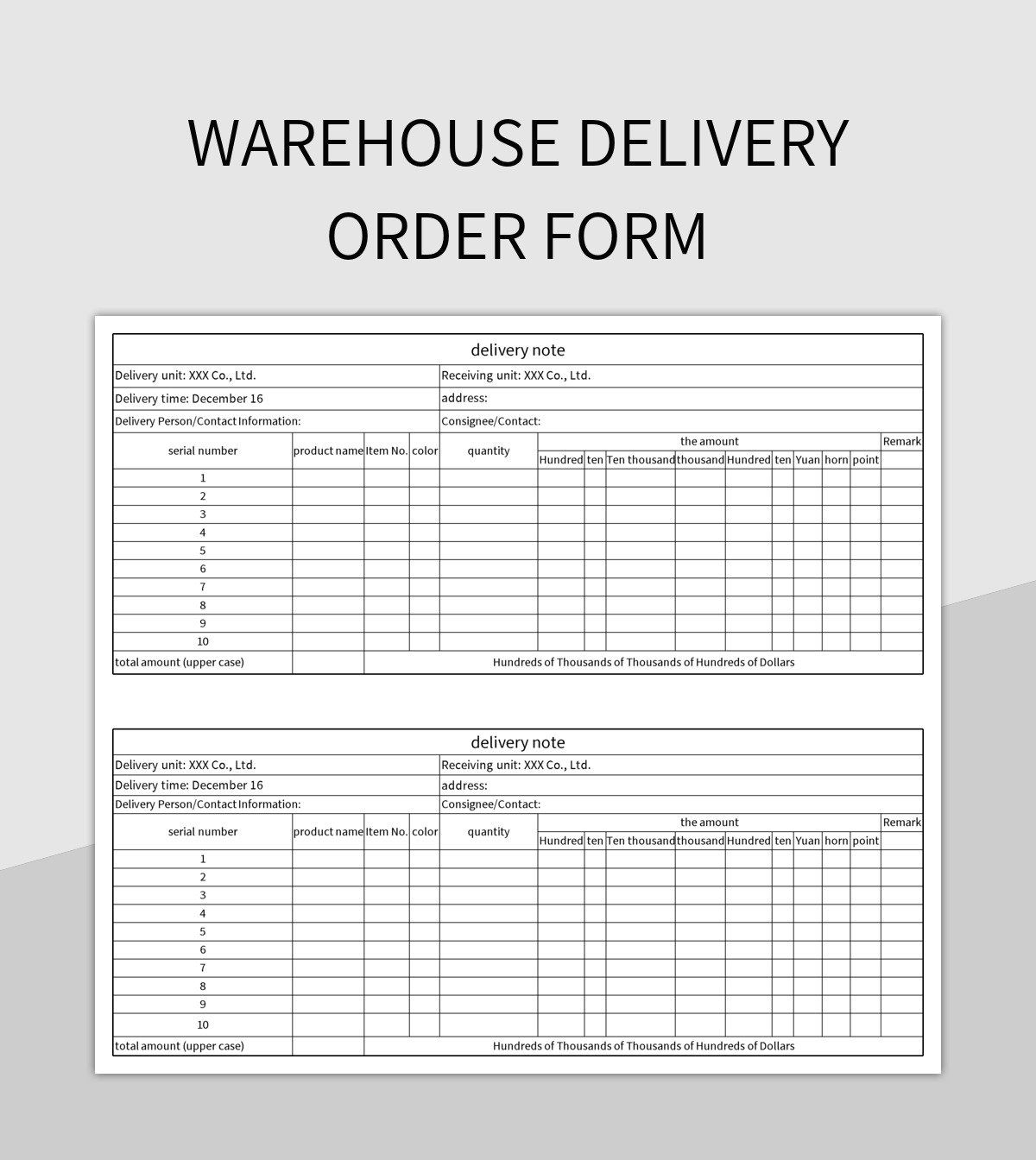 Warehouse Delivery Order Form excel template