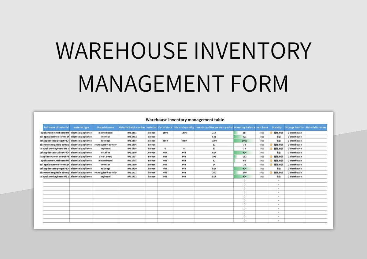 Warehouse inventory management form excel template