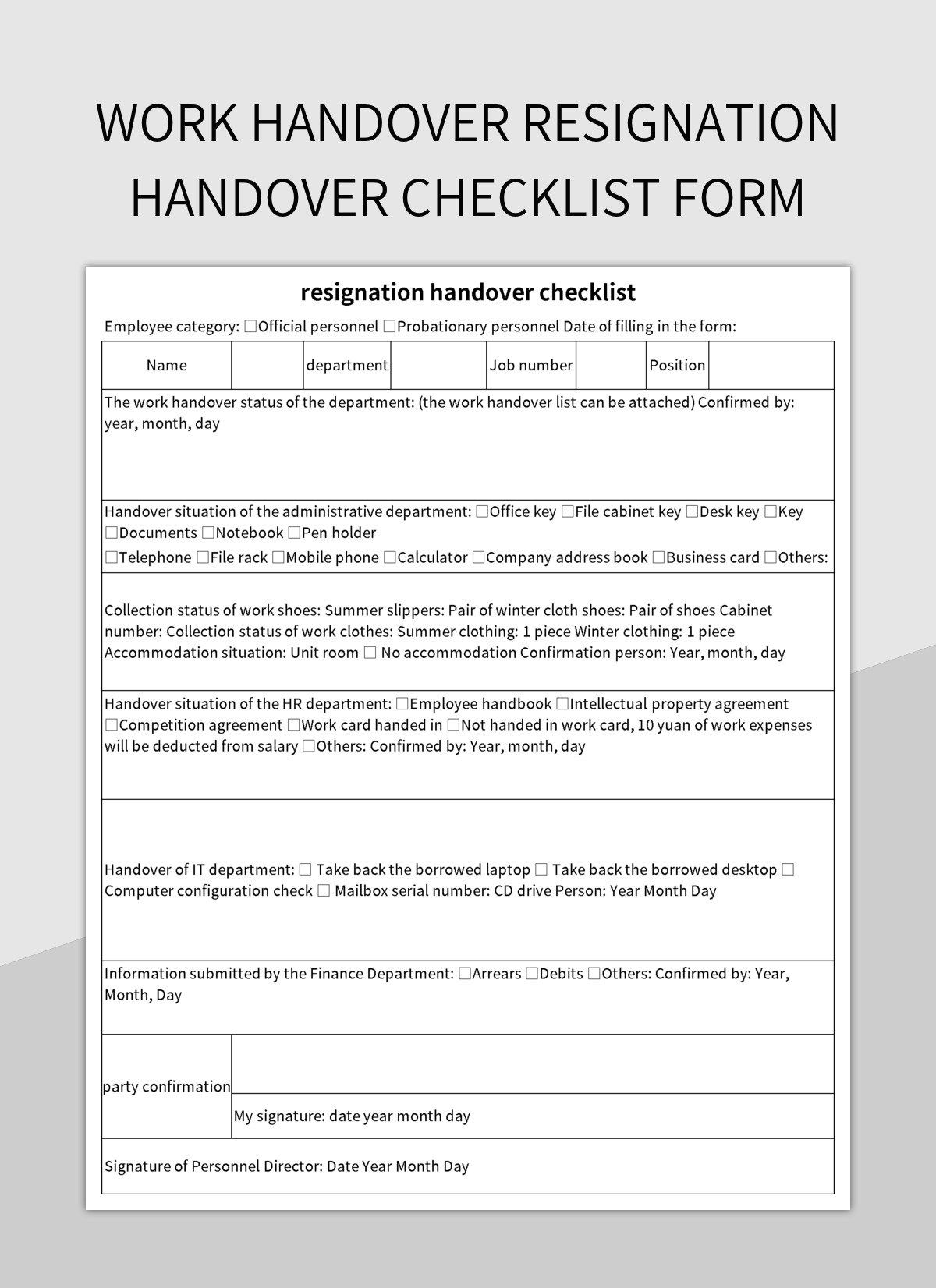 Work handover resignation handover checklist form excel template